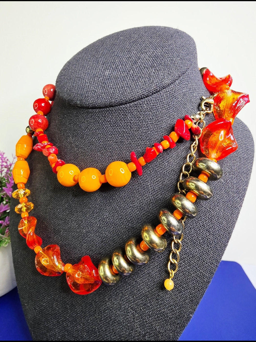Vibrant Red & Orange Glass Bead Statement Necklace - Unbranded - Picture 2 of 7
